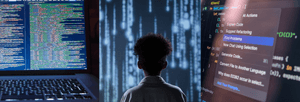 Three different images. The first is a computer screen showing lines of code. The second is the silhouette of a person looking at lines of blue code. The third is a computer tab highlighting the words 'Find problems'.