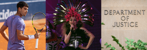 A man on the tennis court holding a racquet, a woman wearing an elaborate headdress singing, a sign on a wall saying Department of Justice