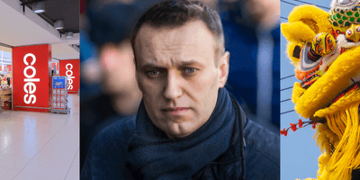 Three images showing (left to right) a supermarket, a close up of a man with short hair and a Chinese dragon costume