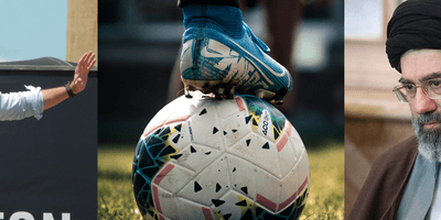 A man standing with a microphone, a foot on a football and a grey haired Iranian cleric