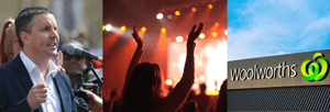 A man in a suit, a girl in the audience at a concert, the Woolworths banner