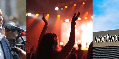 A man in a suit, a girl in the audience at a concert, the Woolworths banner