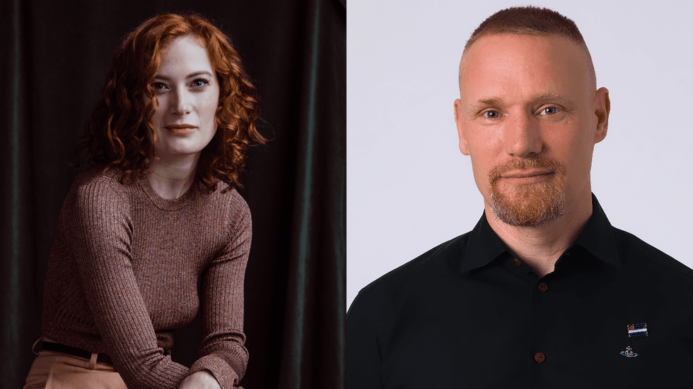 Images of a woman with red hair and a man with short hair