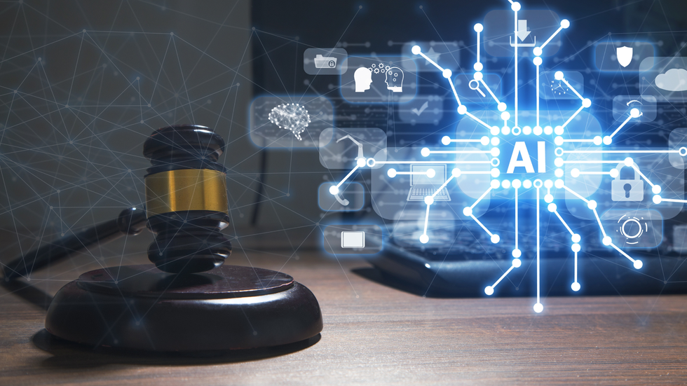 judge's gavel next to a graphic of AI