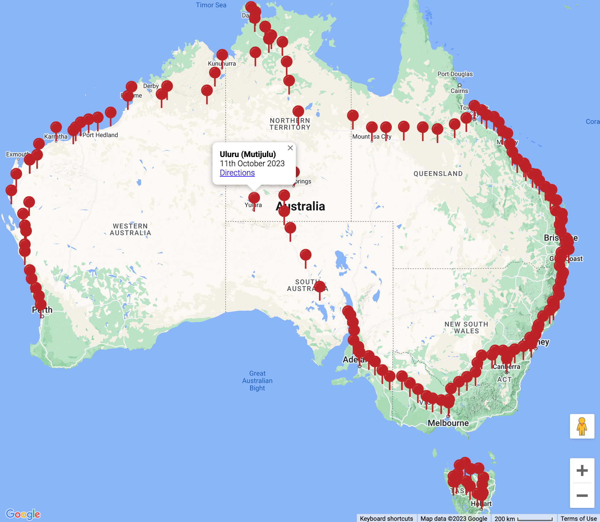 Map of Australia with red pins at different locations in every state and territory