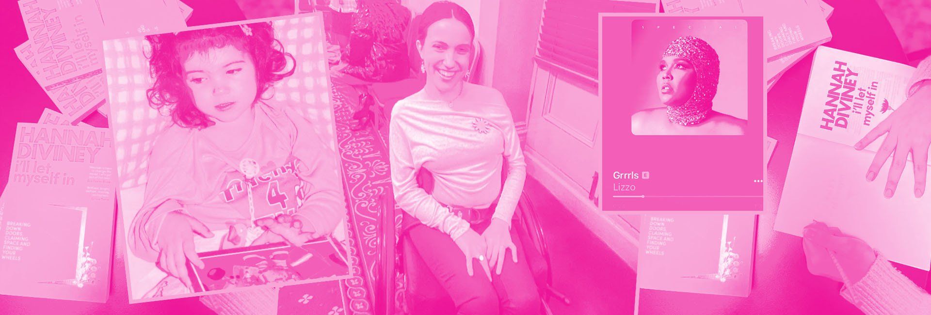 Montage of photos: a young girl with cerebral palsy, a smiling young woman in a wheelchair, a Spotify page featuring an Aftrican American woman, presented with a pink filter on the images..