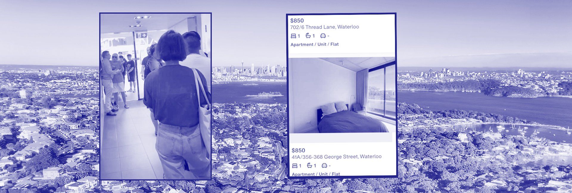 Panoramic aerial image of Sydney Harbour with inset photos of people queuing and an advertisement for a rental property.