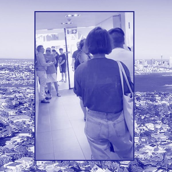 Panoramic aerial image of Sydney Harbour with inset photos of people queuing and an advertisement for a rental property.