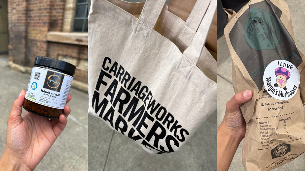 Pictures of a spice blend, tote bag and bag of mushrooms