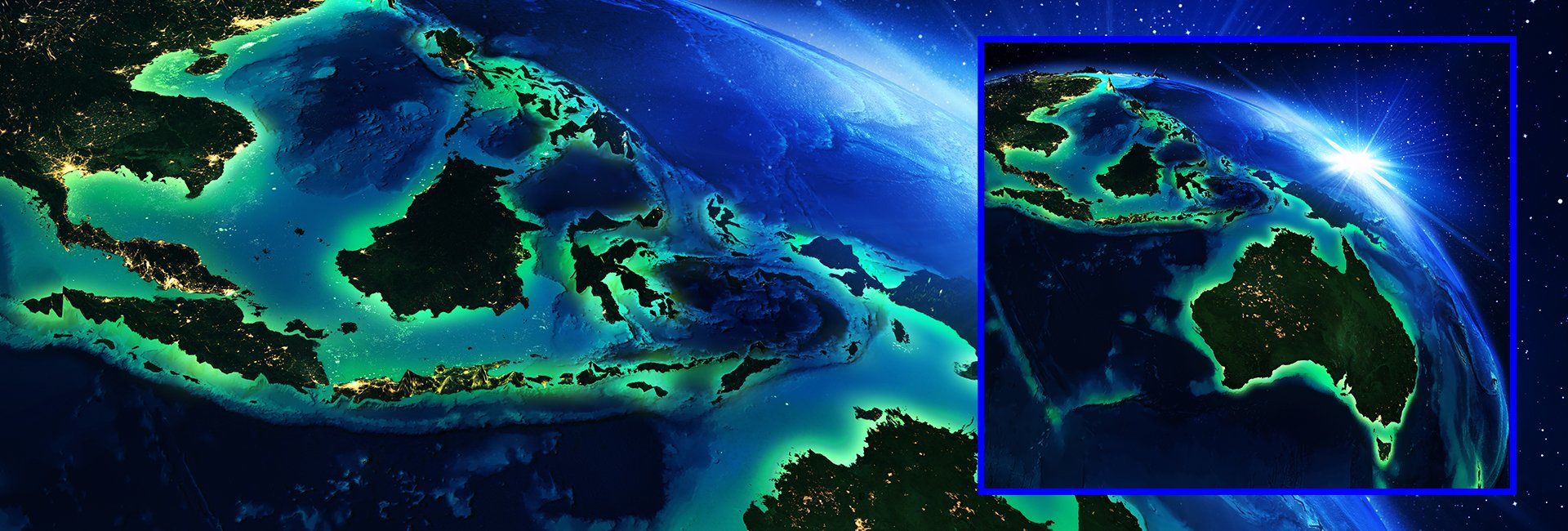 Satellite image style illustration of Australia and South-east Asia from space.