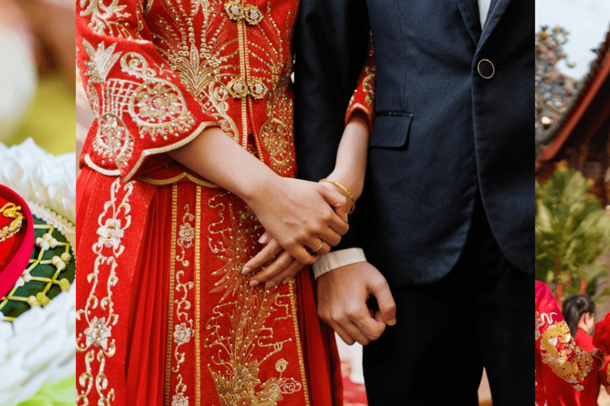 Scenes from a traditional Chinese wedding including a red jewellery box with gold jewellery, a man and woman holding hands, and a woman walking to a temple under a red umbrella