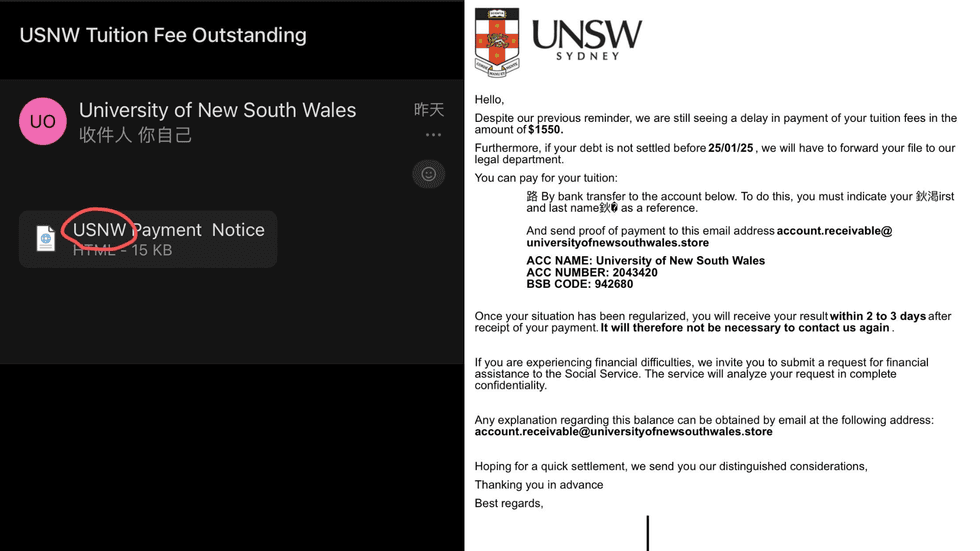 Screenshots of a fake email