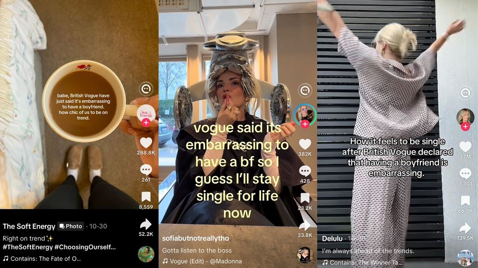 Screenshots of TikTok creators posting videos celebrating being single in response to the Vogue headline