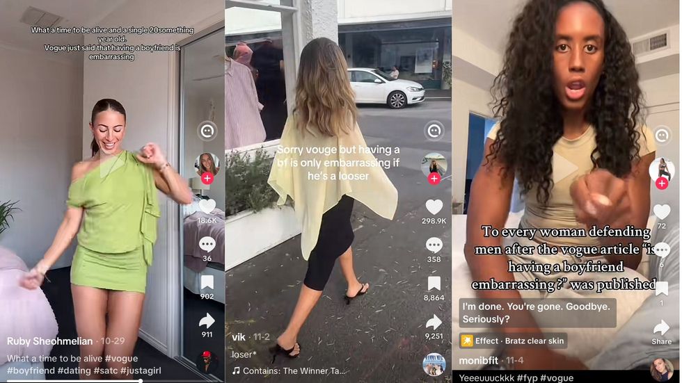 Screenshots of TikTok creators responding to the trend by defending their boyfriends or criticising others who do.