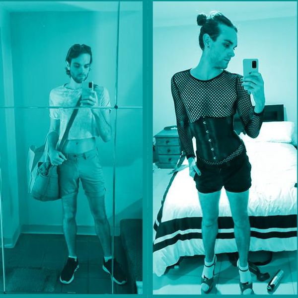 Selfie images of Kyle Dean dressed in a crop top and in a fishnet top.