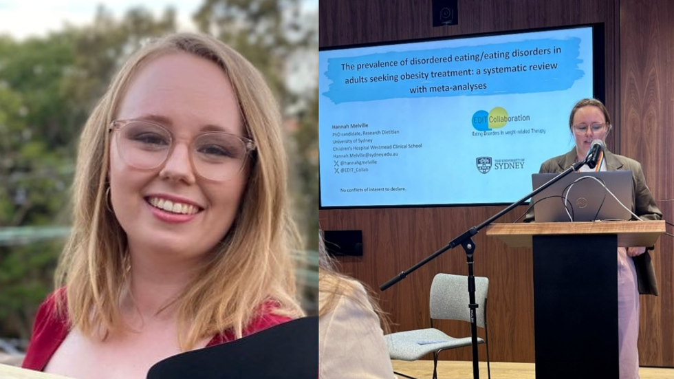 Split image of a blonde woman with glasses smiling at the camera and one showing her on stage presenting a paper.