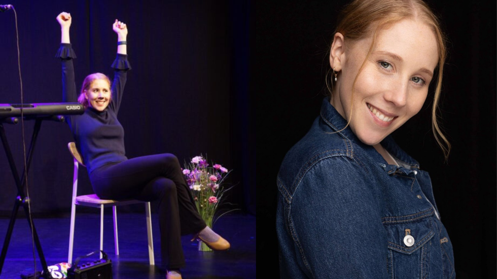 Split image showing a woman sitting on the stage next to a close up portrait of the blonde woman