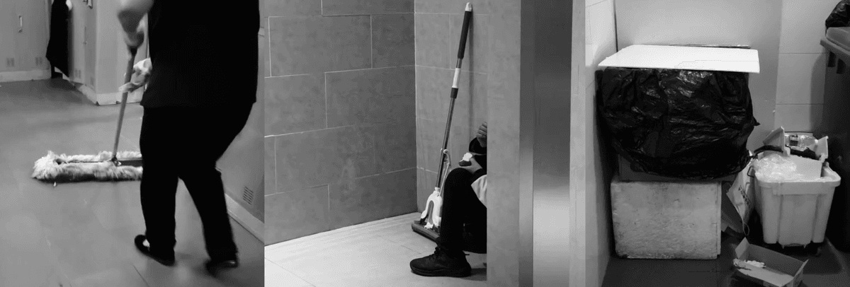 Three black and white images showing cleaners at work