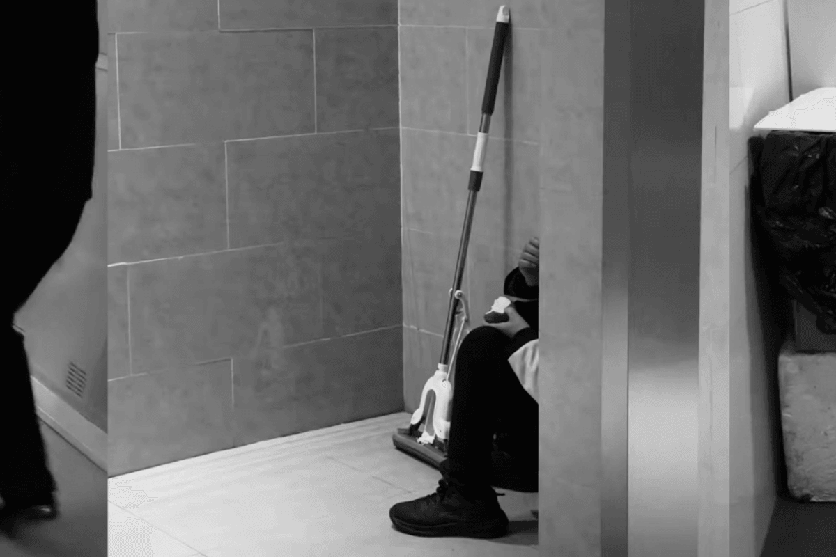 Three black and white images showing cleaners at work
