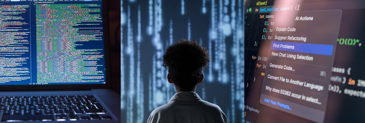 Three different images. The first is a computer screen showing lines of code. The second is the silhouette of a person looking at lines of blue code. The third is a computer tab highlighting the words 'Find problems'.