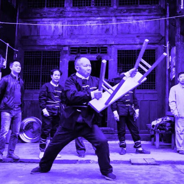 Three images: a small girl in a wushu competition pose, a villager practising wushu with a stool; coach Wang Xiuqian striking a pose with raised fists.