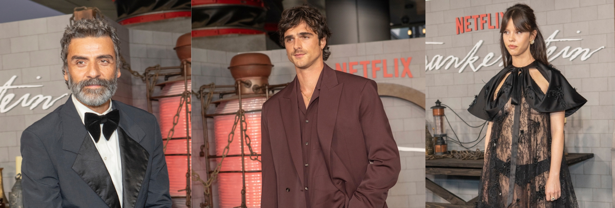 Three images of actors including two men in suits and a woman in a lacy dress.