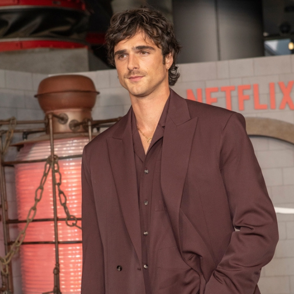 Three images of actors including two men in suits and a woman in a lacy dress.