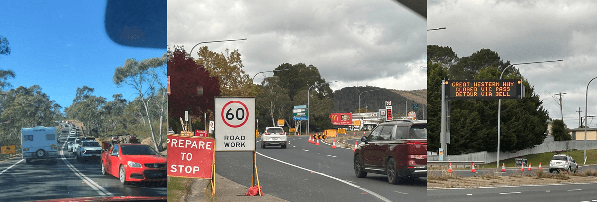 Three images of disrupted traffic 