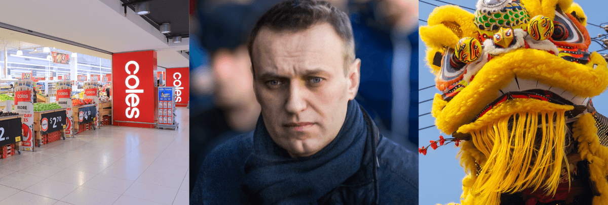 Three images showing (left to right) a supermarket, a close up of a man with short hair and a Chinese dragon costume 