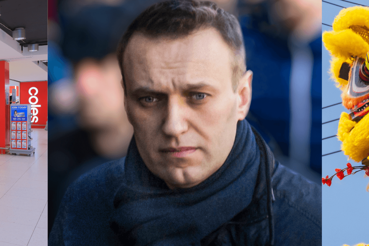 Three images showing (left to right) a supermarket, a close up of a man with short hair and a Chinese dragon costume