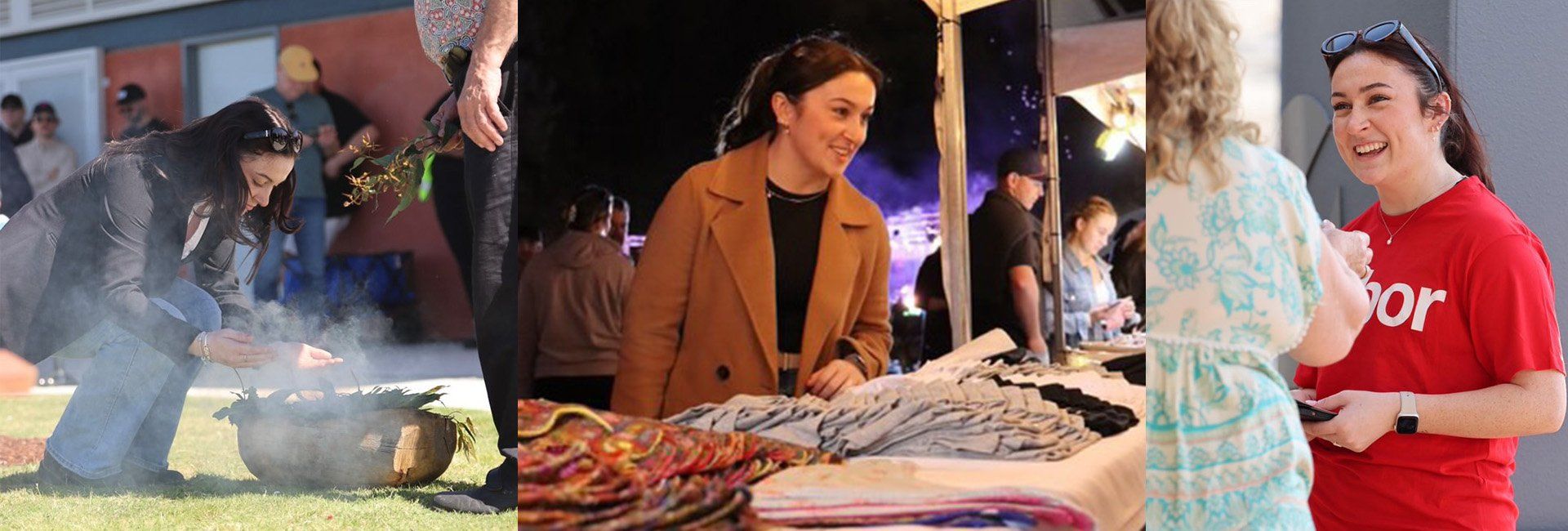 Three photos from left of young woman bending down for an Indigenous smoking ceremony, a young woman at a market stall and a young woman in a Labor t-shirt campaigning in the street.