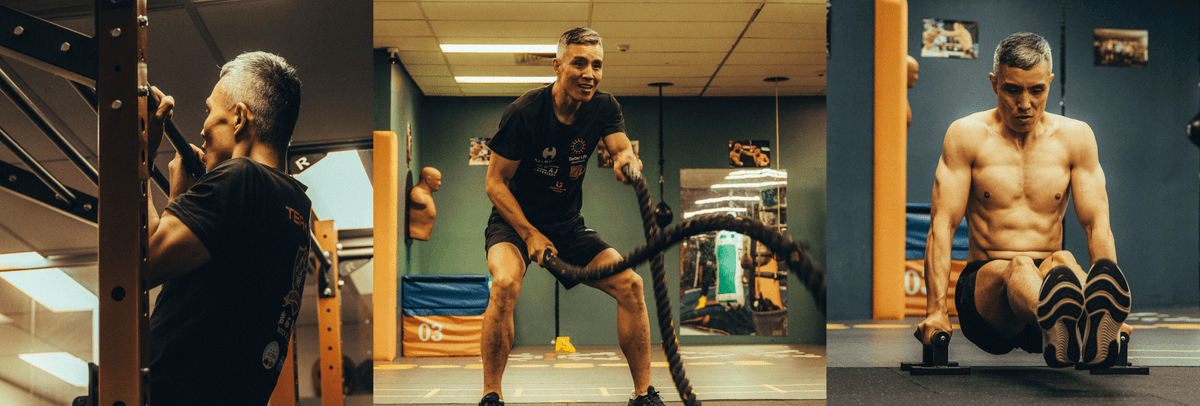 Three pictures of an older man training in a boxing gym
