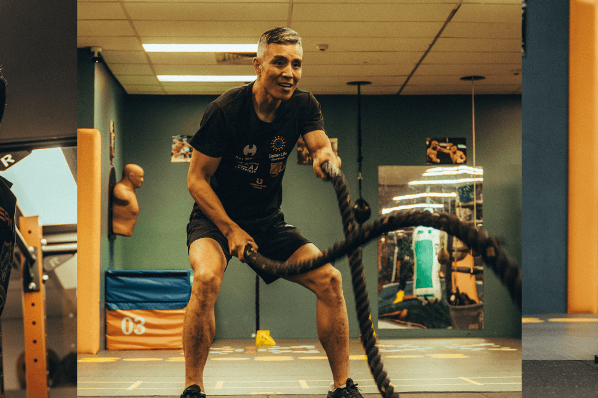 Three pictures of an older man training in a boxing gym
