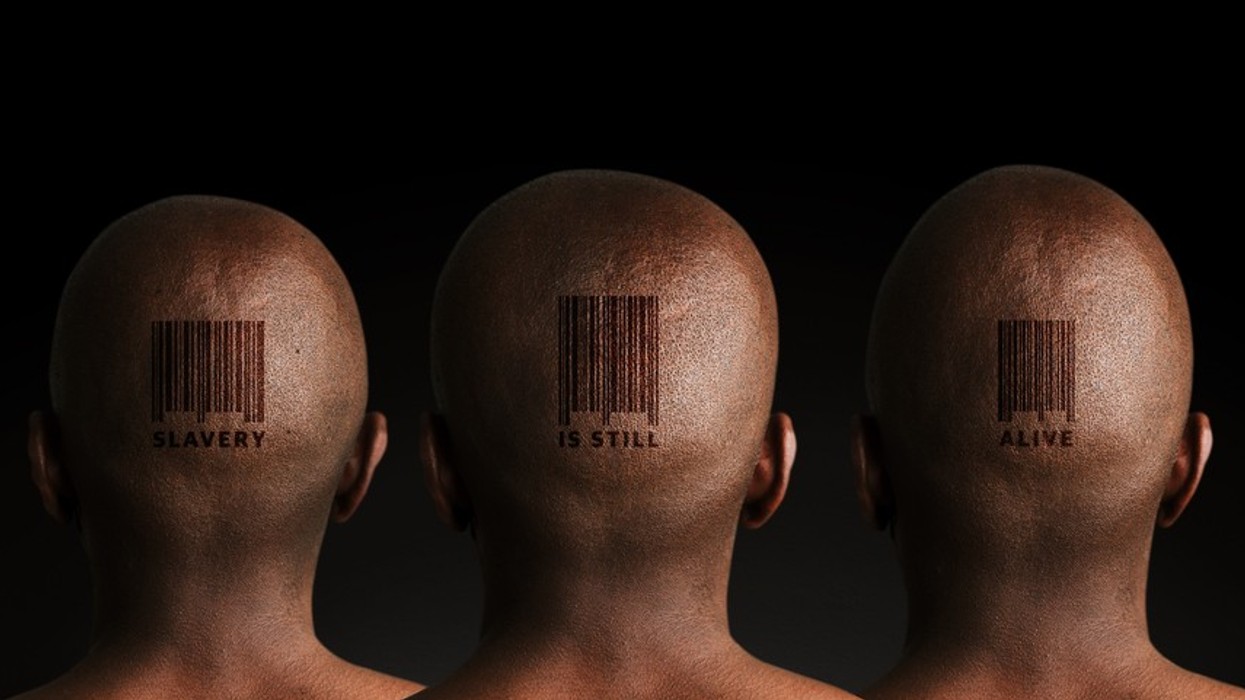 Three shaven heads with barcodes on them saying Slavery is Still Alive
