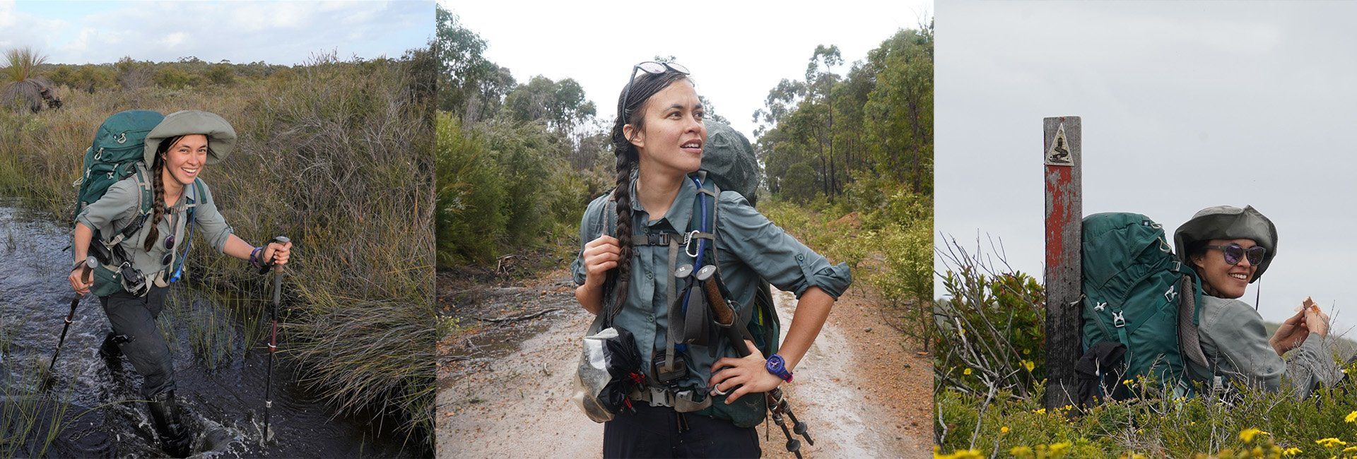 Triptych of images of a young woman bushwalker wading through water, standing on a bush track and happily taking a break, sitting down, leaning against a trail marker.