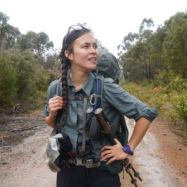 Triptych of images of a young woman bushwalker wading through water, standing on a bush track and happily taking a break, sitting down, leaning against a trail marker.