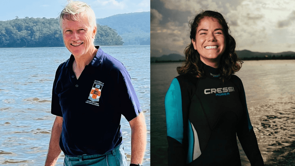 Two images - one of an older man at a lake, the other a younger woman in a wetsuit at the sea