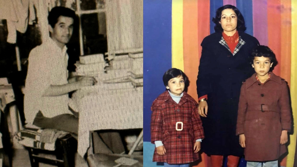 Two older photos of family members. Left a black and white photo of a man sitting at a desk. Right, a mother with her son and daughter all in coats
