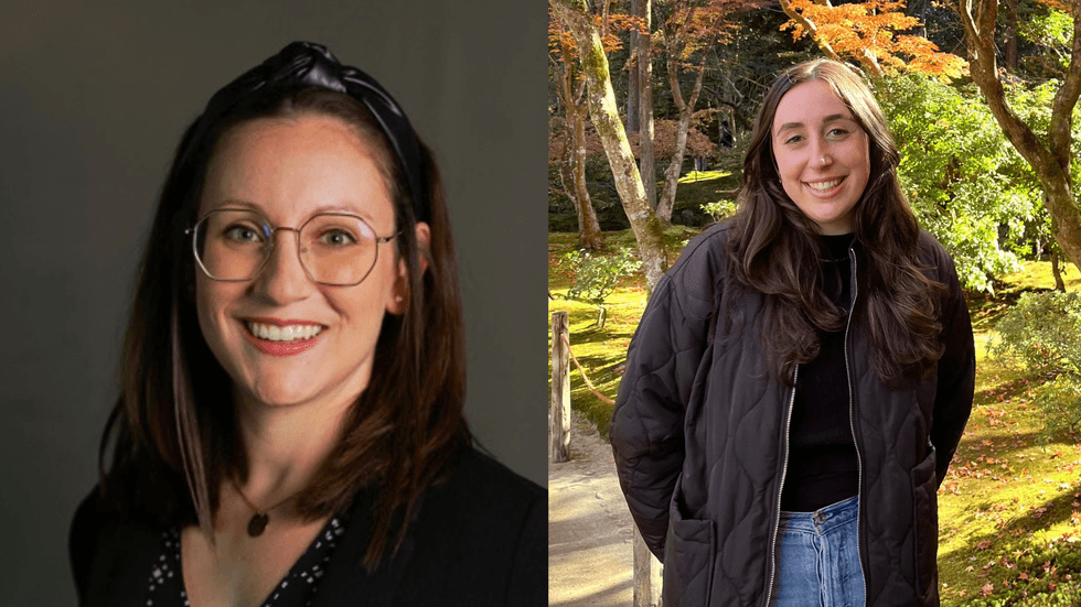 Two pictures of different women both with dark hair and smiling at the camera