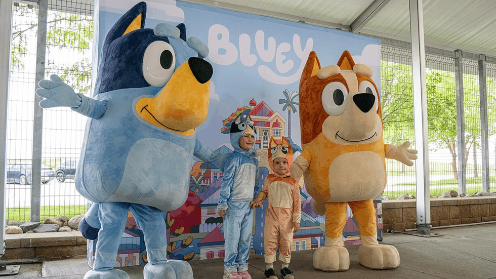 Two suited Bluey characters with two kids dressed up like their heroes.