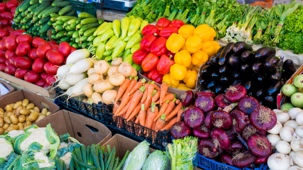 Vegetables on display at a farmers market