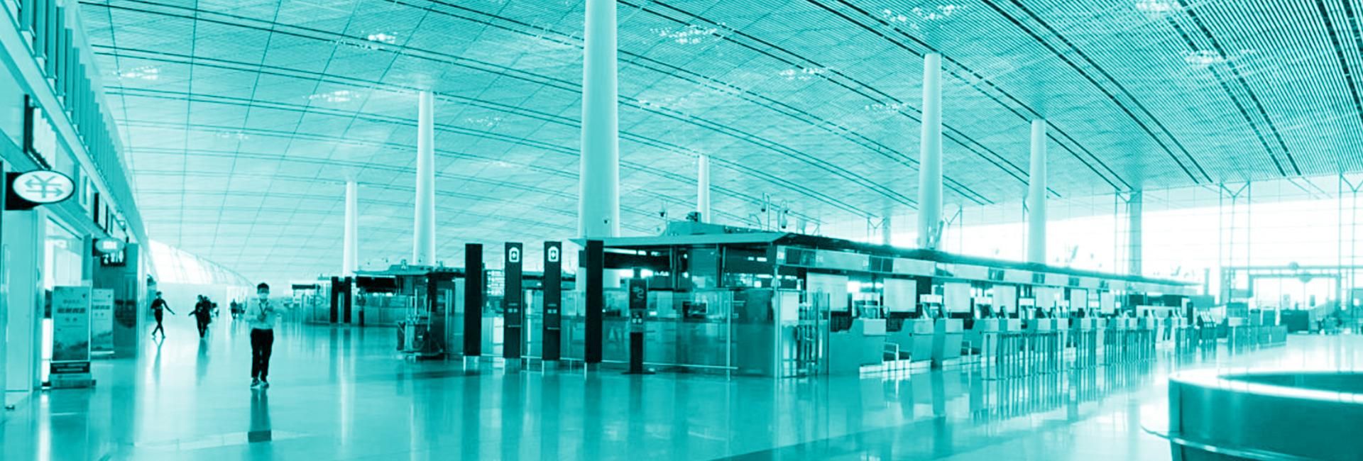 View of empty check-in desks at Beijing Capital Airport during the 2022 lockdown.
