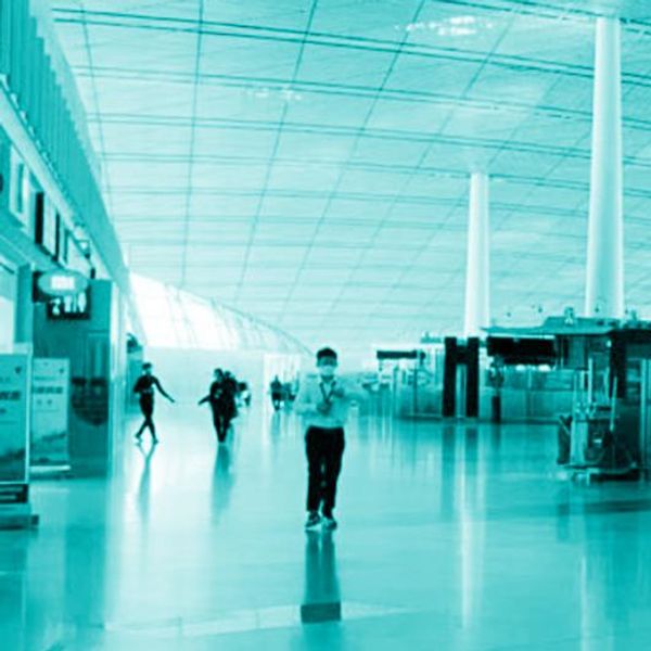 View of empty check-in desks at Beijing Capital Airport during the 2022 lockdown.