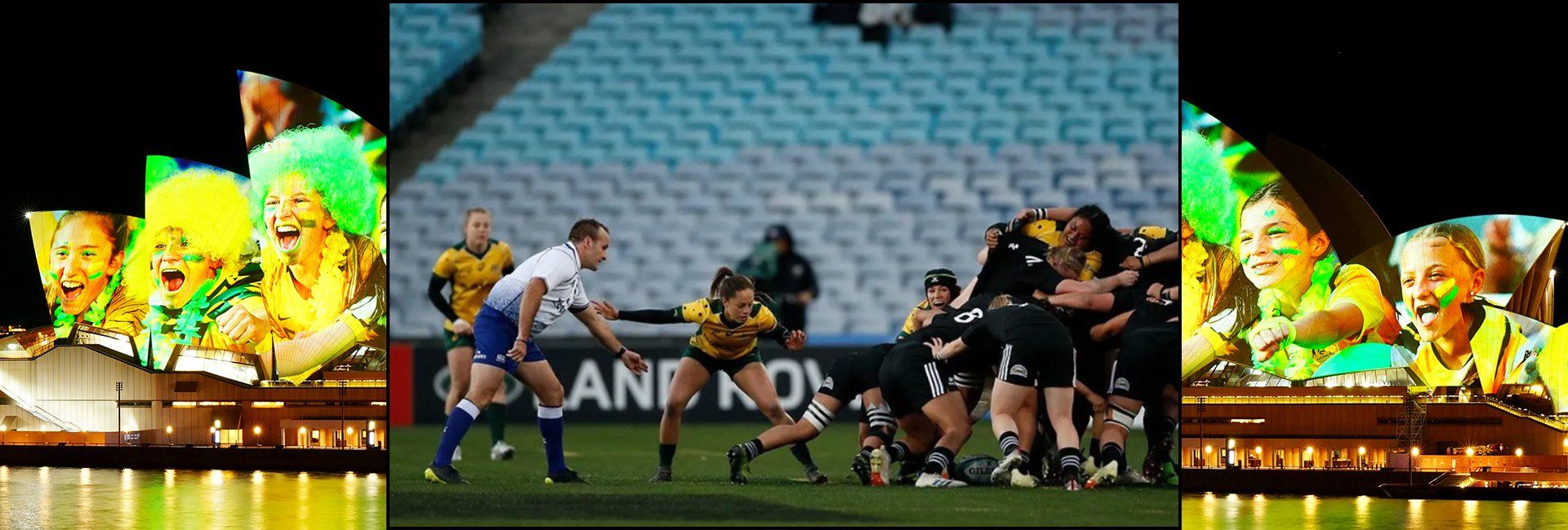 Women packing down for a scrum in a game of rugby.