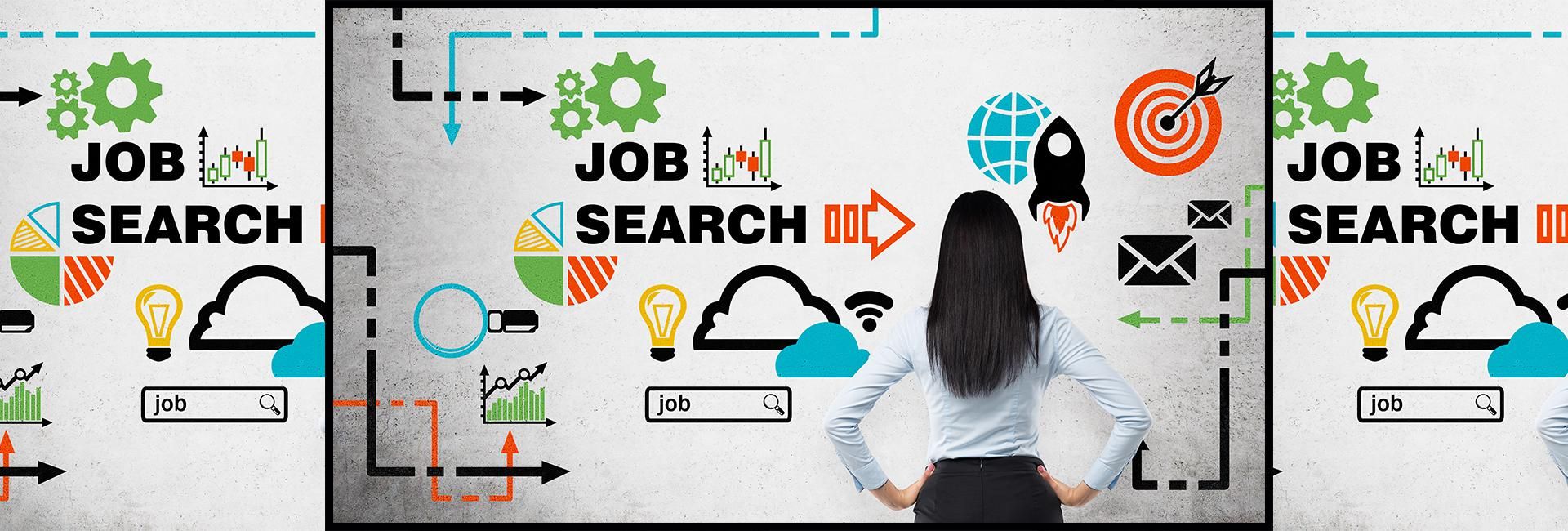 Young woman looking at a job search diagram.